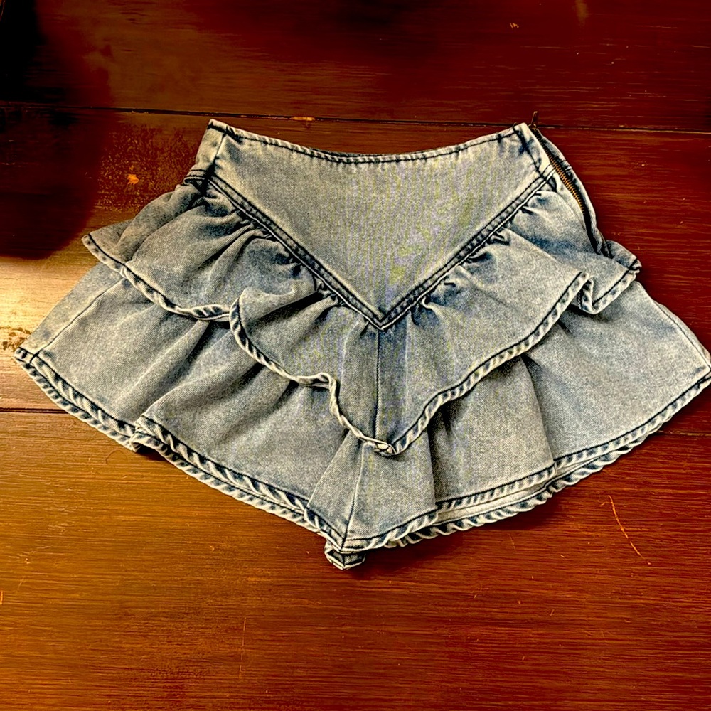 Tela mini ruffle blue jean denim skirt